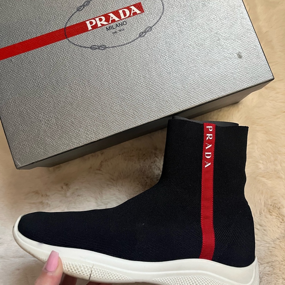 Prada Black and Red Sock Sneakers